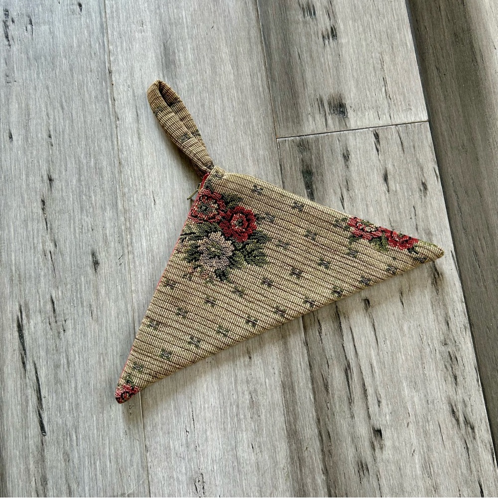 Vintage 1970s OOAK Handmade Tapestry Triangle Wristlet Clutch Pouchette